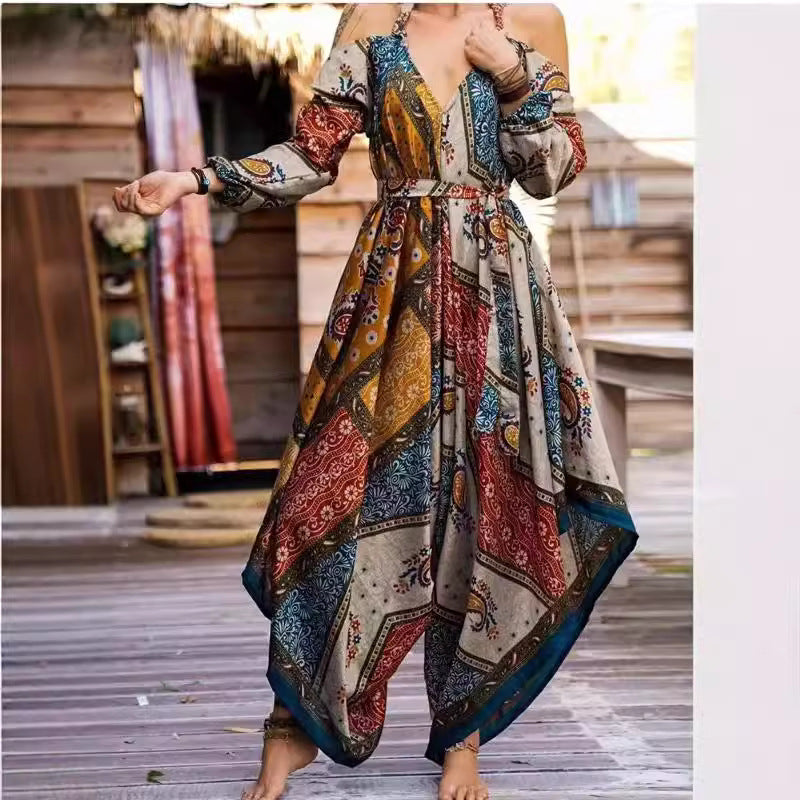 Damen Langes Wickelkleid mit verspieltem Muster und off-shoulder Design