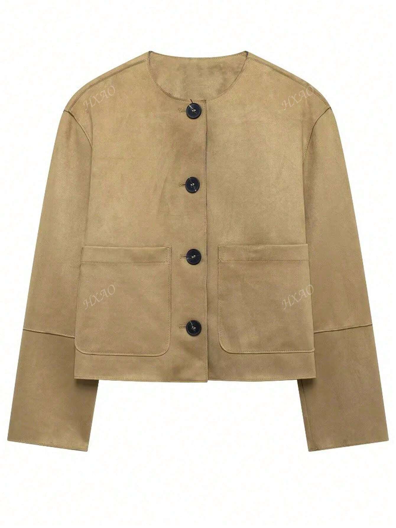 Damen modische Kurzjacke mit praktischen Taschen und Knopfverschluss R&B