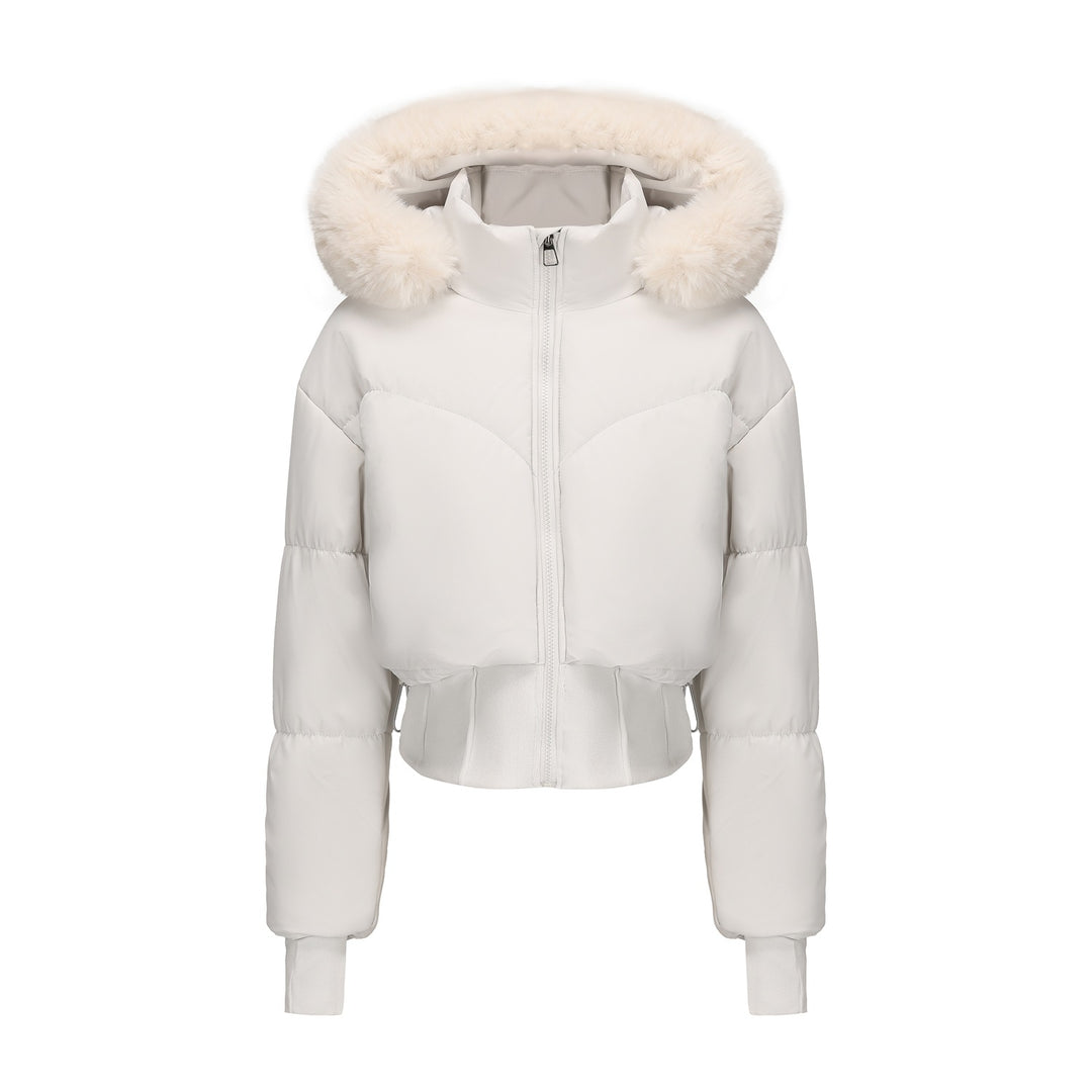 Damen cropped Daunenjacke mit abnehmbarer Kapuze und Kunstfellbesatz