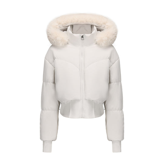 Damen cropped Daunenjacke mit abnehmbarer Kapuze und Kunstfellbesatz