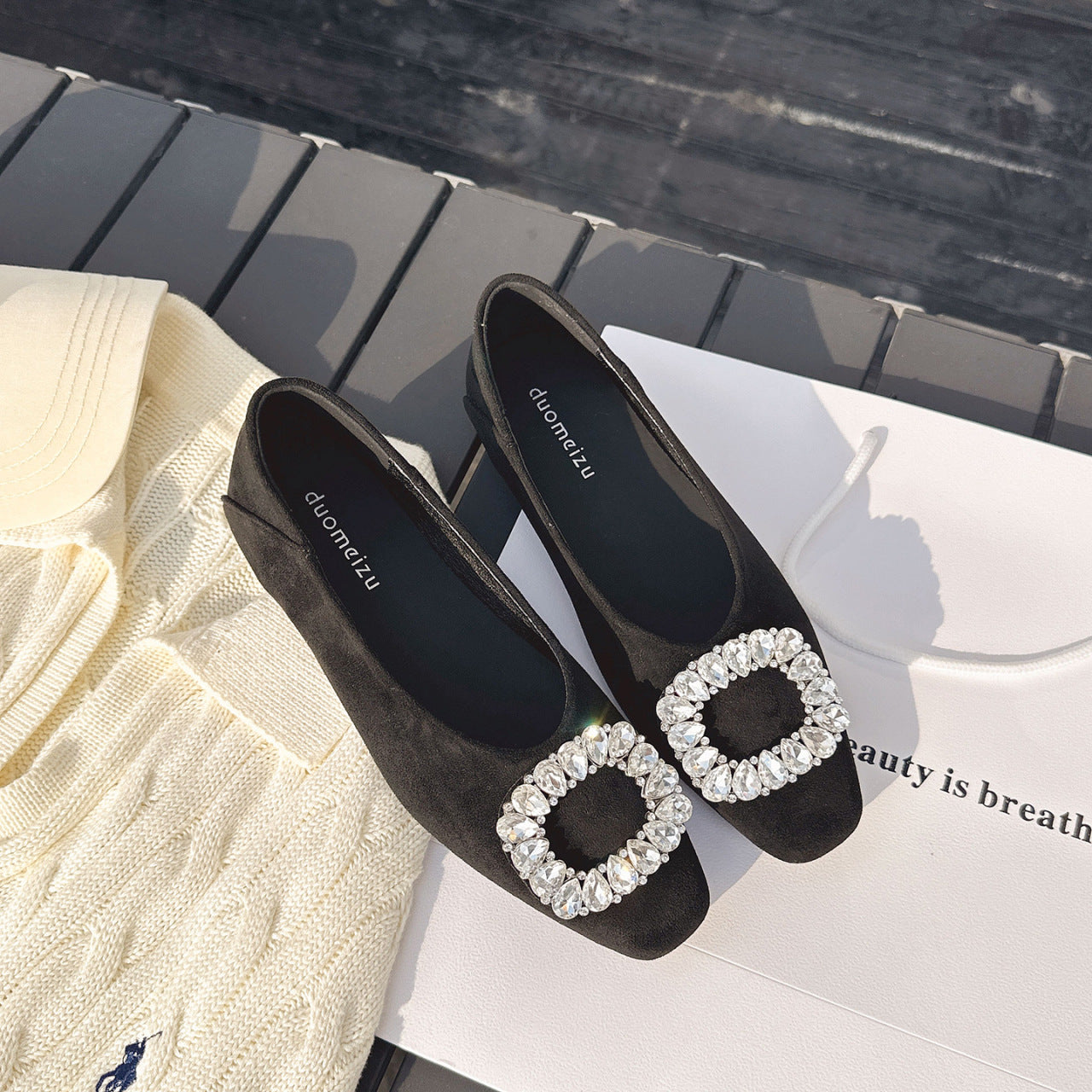 Damen Ballerinas mit luxuriösem Strassbesatz und elegantem Samtoberteil R&B
