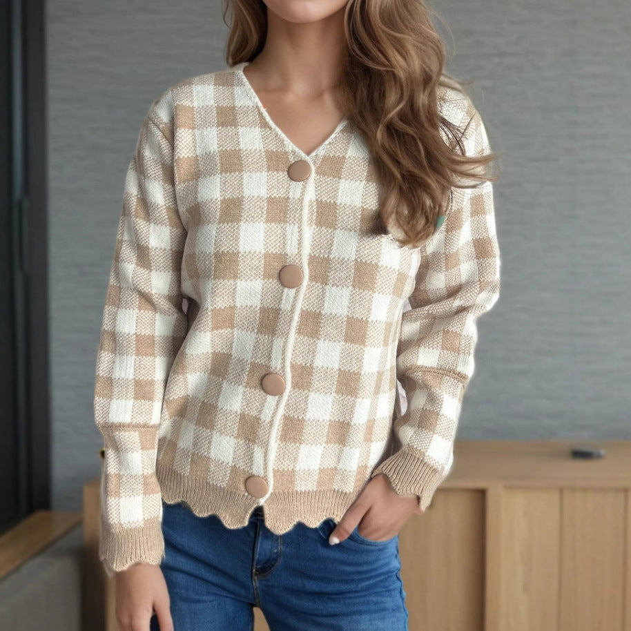 Damen lässige Strickjacke mit kräftigem Karomuster und modischen Knopfdetails R&B