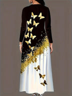 Damen Maxikleid mit elegantem Schmetterlingsdesign und goldenen Akzenten R&B