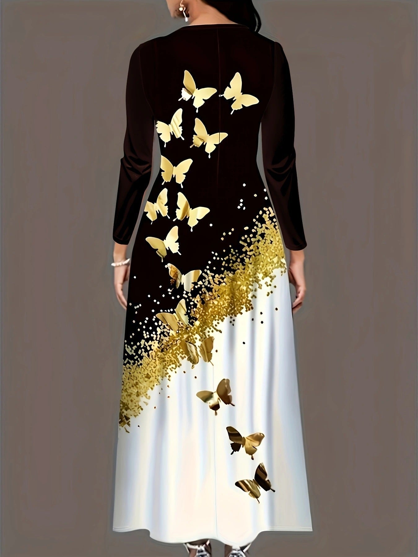 Damen Maxikleid mit elegantem Schmetterlingsdesign und goldenen Akzenten R&B