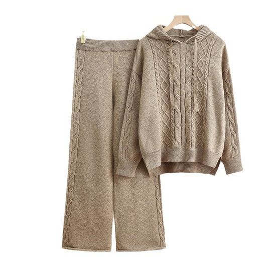 Damen lässiges Strick-Loungewear-Set mit Kapuze und breiten Beinen R&B