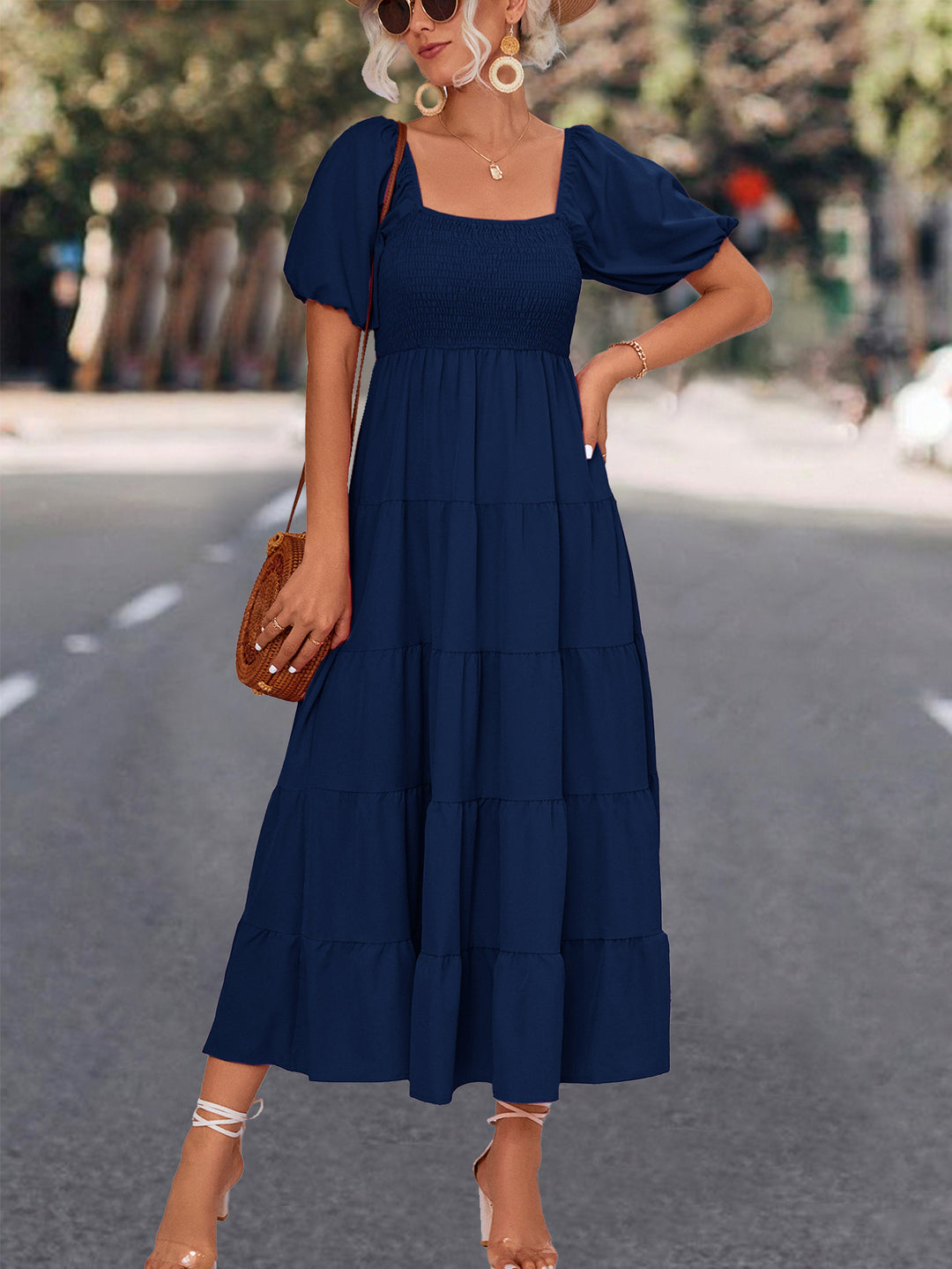 Damen Midi-Kleid mit elastischer Taillierung und voluminösen Puffärmeln R&B