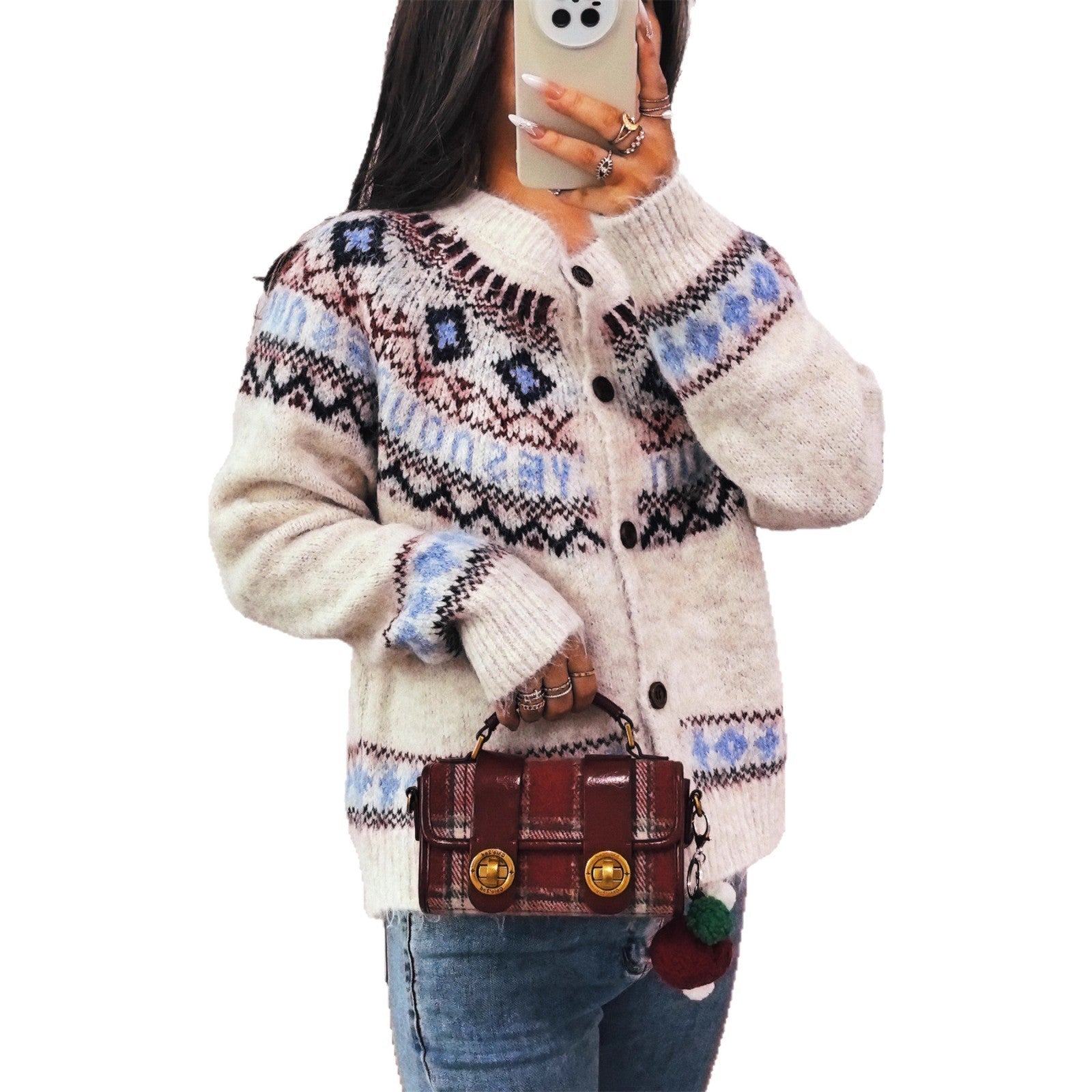 Damen Strickjacke mit buntem nordischen Muster und hochwertigen Holzknöpfen R&B