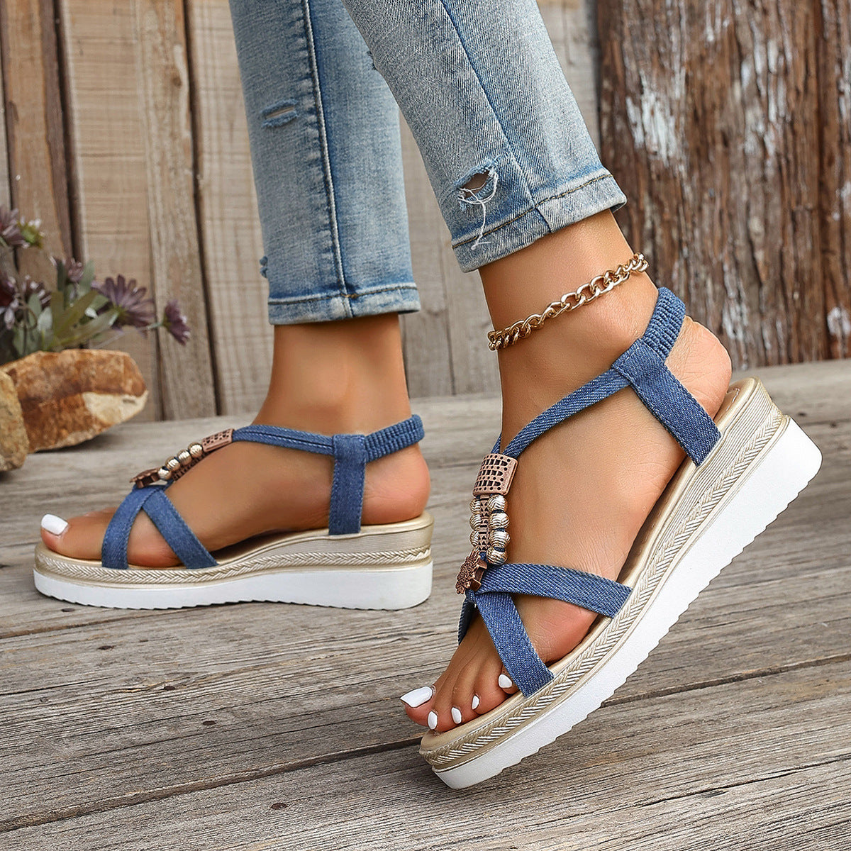 Damen Wedge-Sandalen mit dekorativem Perlen-Detail und hohem Komfort R&B