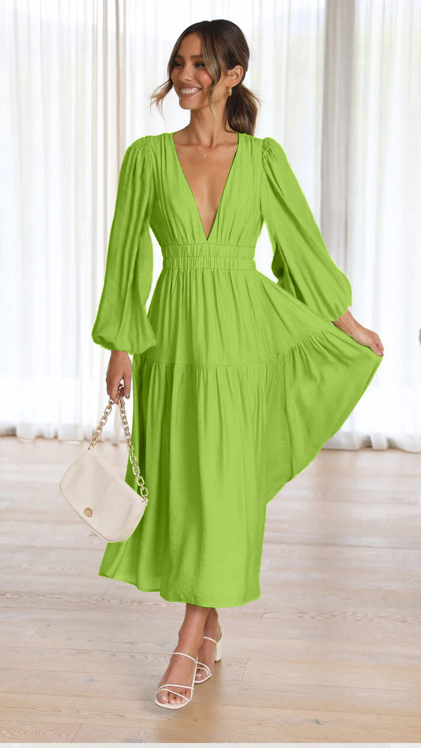 Damen Langarm Maxikleid mit tiefem V-Ausschnitt und weitem Rock R&B