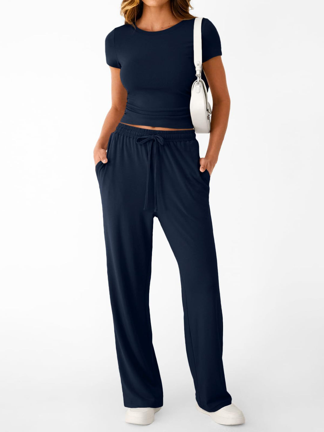 Damen lässiger Freizeitanzug mit kurzen Ärmel und weiten Hosen R&B