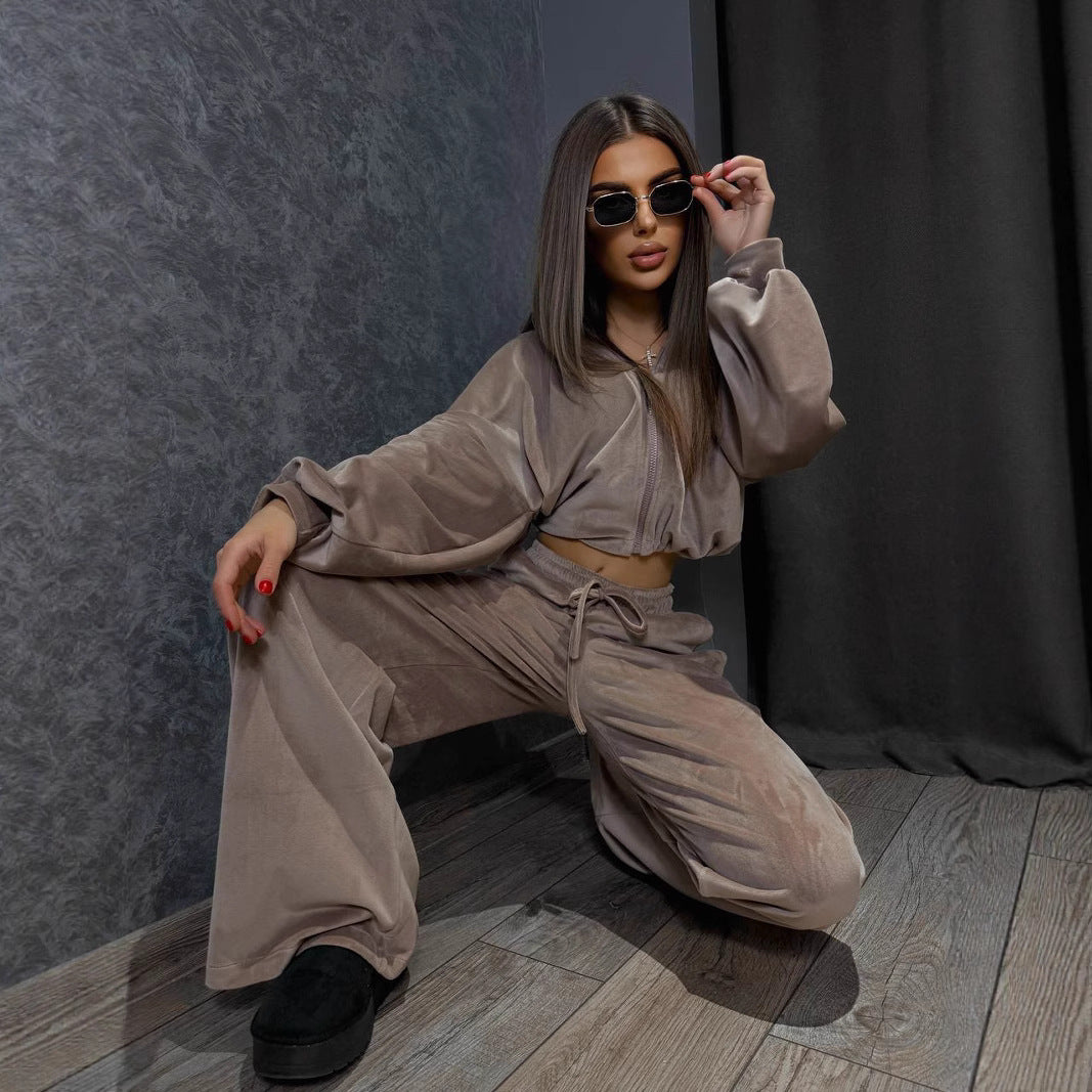 Damen Fleece-Haustextilien-Set mit cropped Oberteil und weitem Hosen R&B