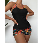 Damen Sportliches Badeanzug-Set mit Cross-Back-Design und Blumenmuster R&B
