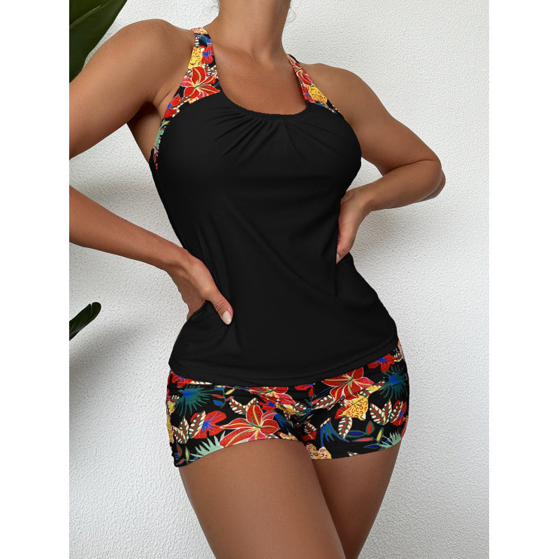Damen Sportliches Badeanzug-Set mit Cross-Back-Design und Blumenmuster R&B