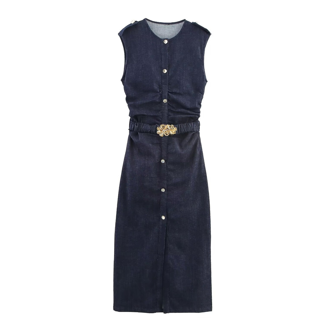 Damen Jeanskleid mit Wickelgürtel und eleganten Druckknöpfen R&B