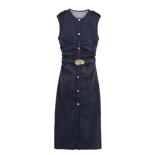 Damen Jeanskleid mit Wickelgürtel und eleganten Druckknöpfen R&B