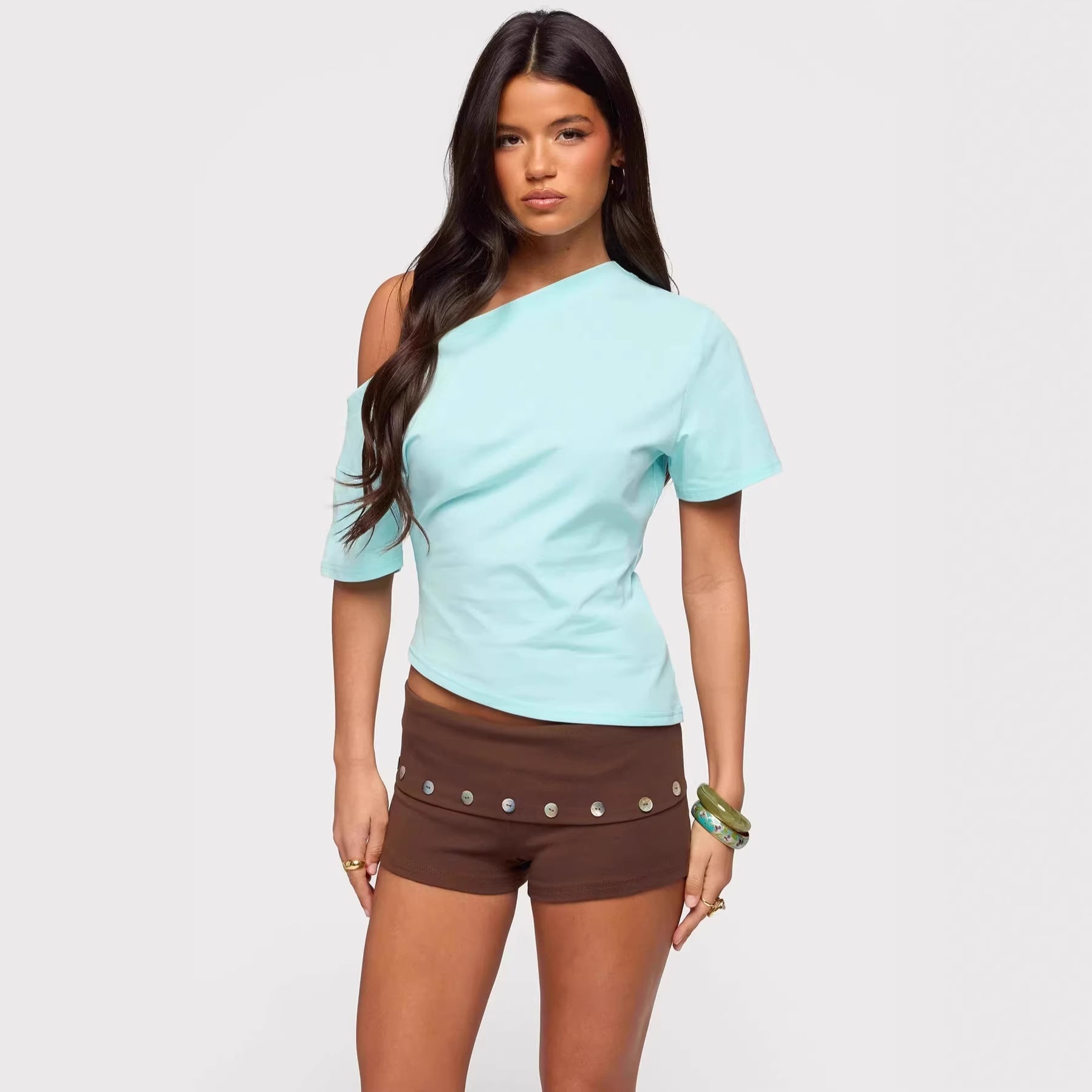 Damen asymmetrisches Oberteil mit schulterfreiem Design und kurzen Ärmeln R&B