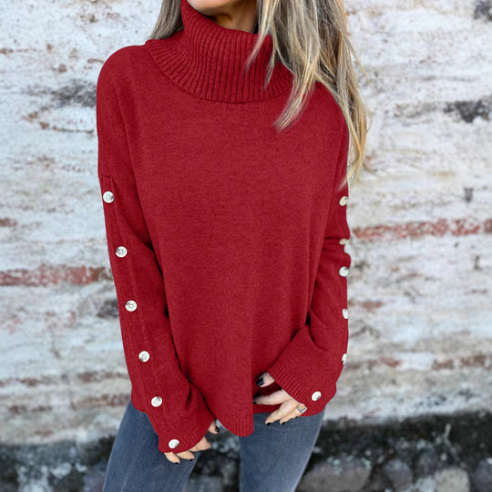 Damen weicher Rollkragenpullover mit modischen Knopfdetails R&B