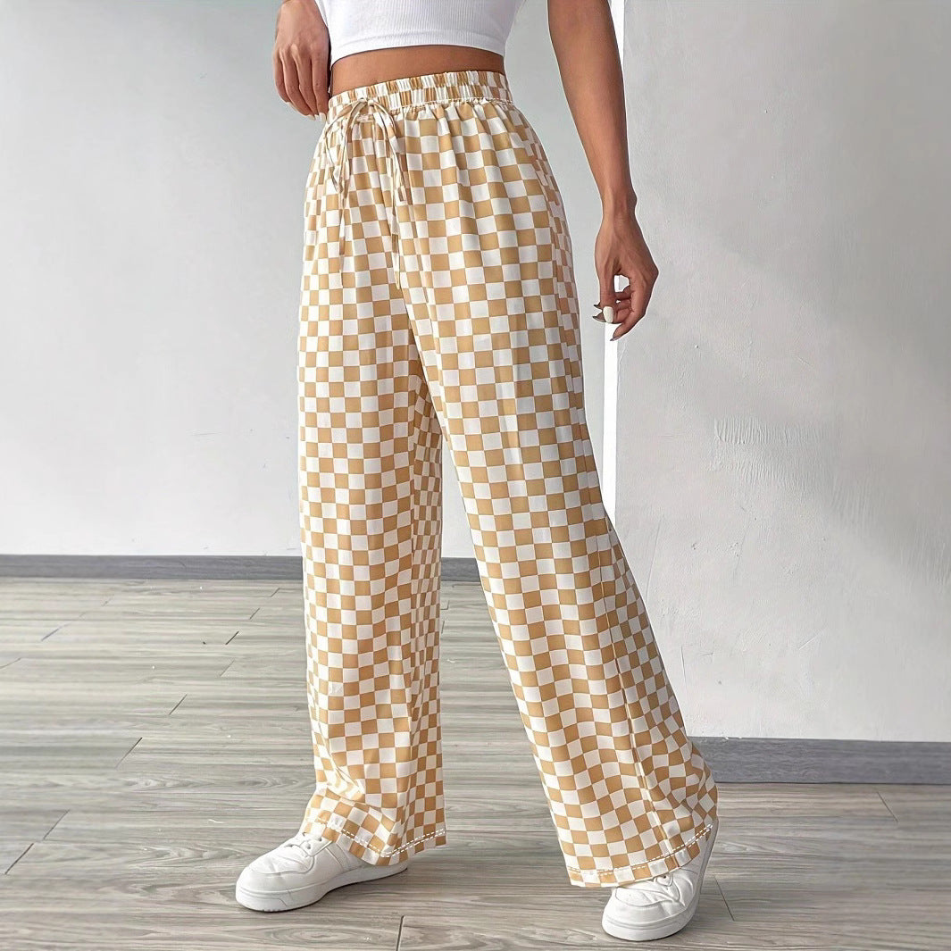 Damen Weite Freizeithose mit kariertem Muster und elastischem Bund R&B