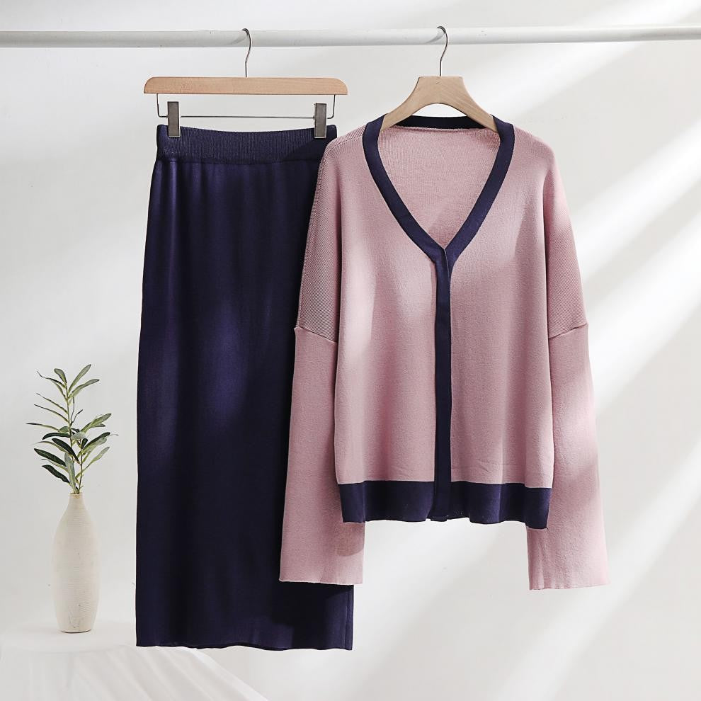 Damen elegantes Strick-Kombinationsset mit tiefem V-Ausschnitt und Kontrastdetails R&B
