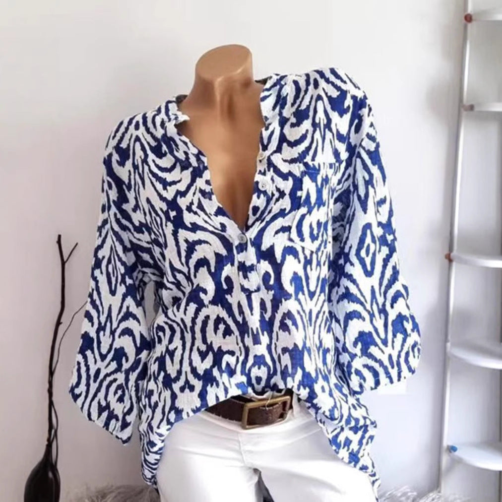 Damen nan locker geschnittene Tunika-Bluse mit Ikat‑Muster, V‑Ausschnitt und Dreiviertelärmeln R&B
