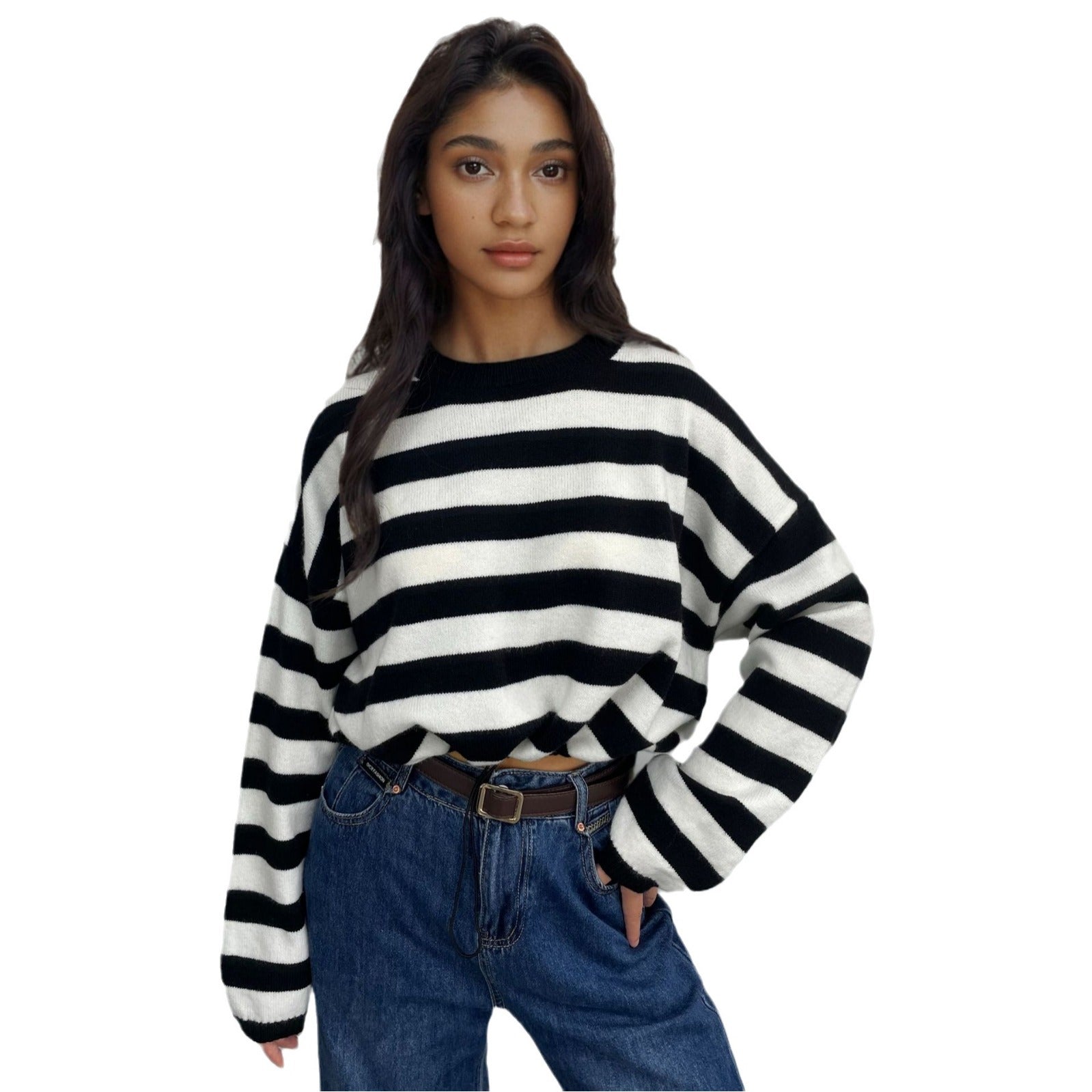 Damen Gemütlicher Ringelpullover mit lässigem Schnitt und tiefem Saum R&B
