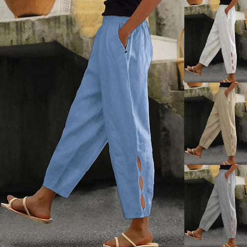 Damen Leichte Leinenhose mit seitlichen Schlitzen und elastischem Bund R&B