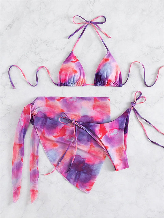 Damen Triangel-Bikini-Set mit floralem Wickelrock und verstellbaren Trägern R&B