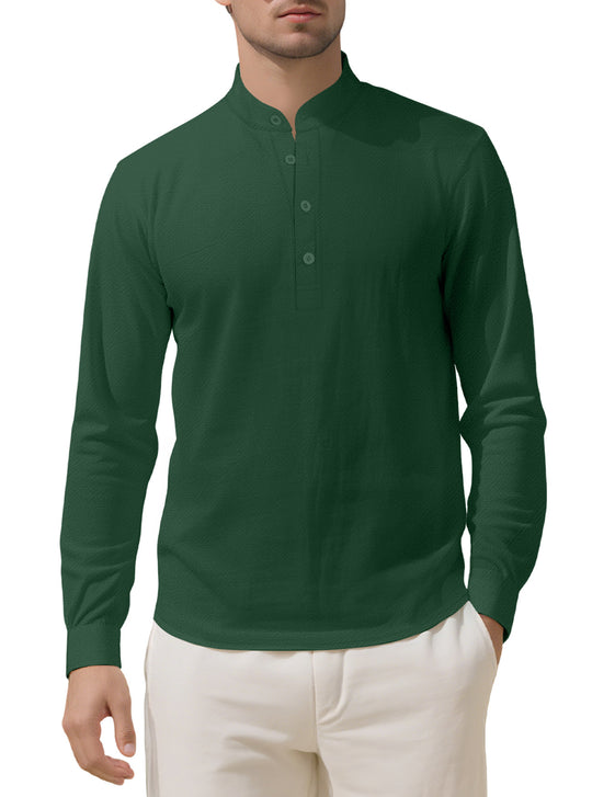 Herren nan Nehru-Kragen-Henley aus Baumwollstretch mit verdeckter Knopfleiste und schmaler Passform R&B