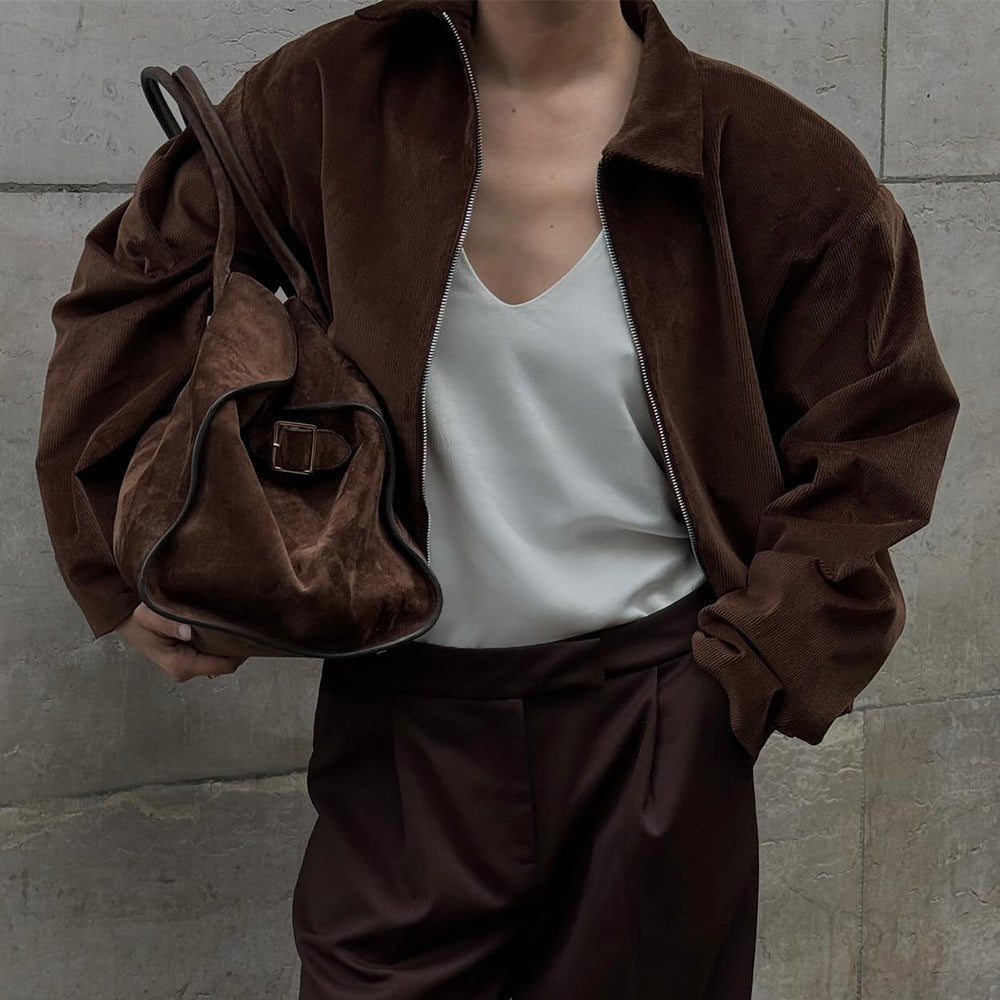 Damen Modische Cordjacke mit lässigem Schnitt und geradem Kragen R&B