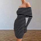 Damen Off-Shoulder Strickkleid mit langen Ärmeln und Streifenmuster R&B