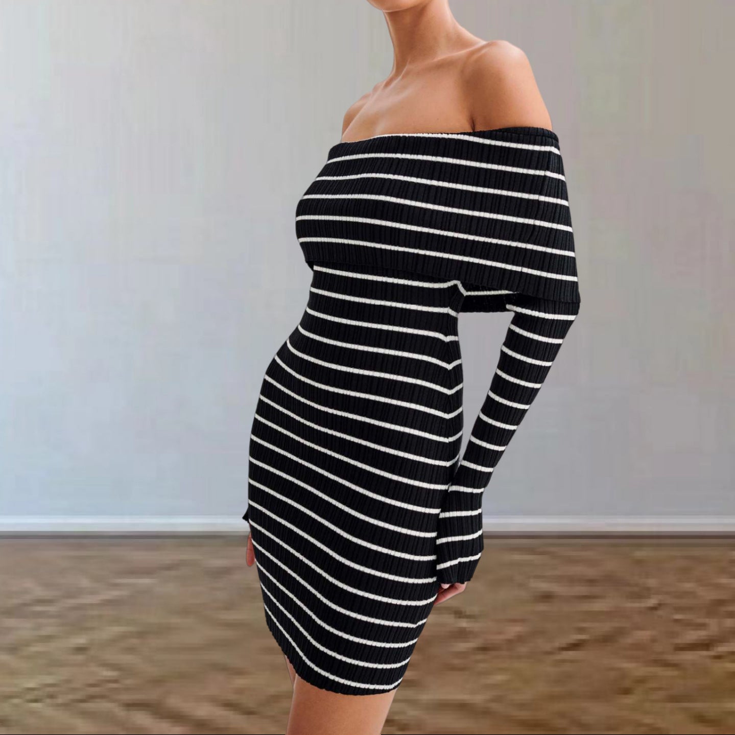 Damen Off-Shoulder Strickkleid mit langen Ärmeln und Streifenmuster R&B