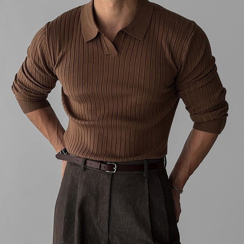 Herren nan figurbetontes Rippstrick-Polopullover mit offenem V-Ausschnitt und schmaler Passform R&B