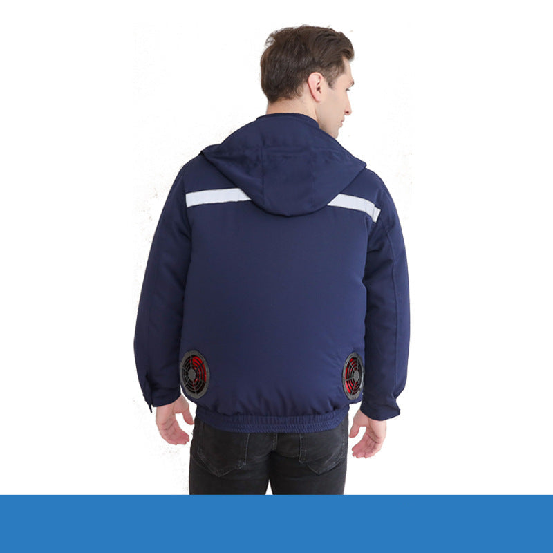 Unisex nan ventilated jacket for work and outdoor with integrated USB fans, battery compartment and hood R&B