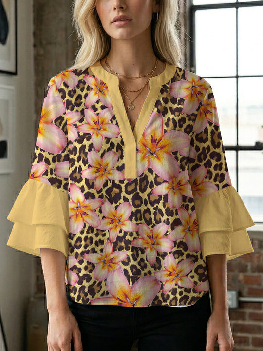 Damen lässige Bluse mit Volantärmeln und botanischem Druck R&B