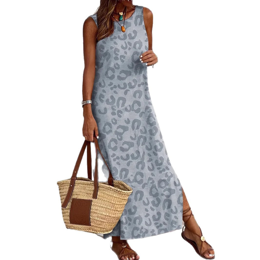 Damen Maxikleid mit modernem Leopardenmuster und ärmellosem Design R&B