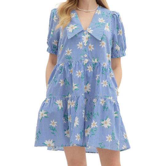 Damen Blumen Kleid mit gestreiftem Design und Knopfleiste R&B