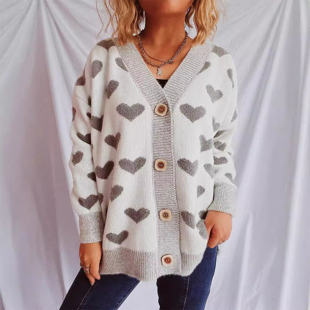 Damen Strickjacke mit herzförmigem Muster und knöpfbarem Design R&B