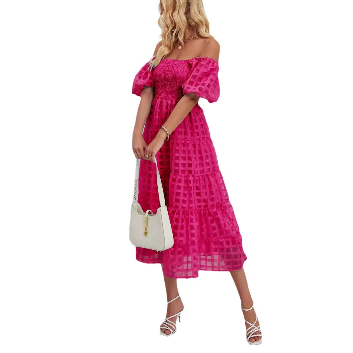 Damen Midikleid mit Off-Shoulder-Design und luftigen Puffärmeln R&B