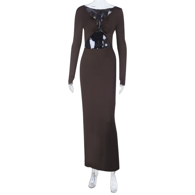 Damen elegantes langes Kleid mit Raffung und tiefem V-Ausschnitt R&B