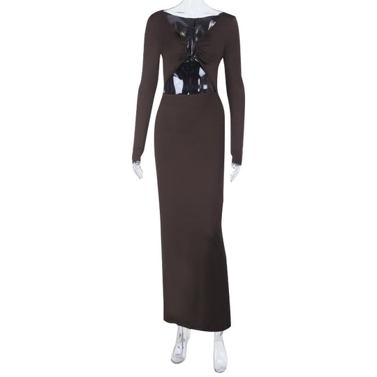 Damen elegantes langes Kleid mit Raffung und tiefem V-Ausschnitt R&B