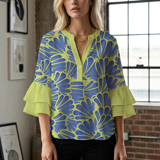 Damen elegantes Blusenshirt mit voluminösen Rüsenärmeln und grafischem Blumendesign R&B