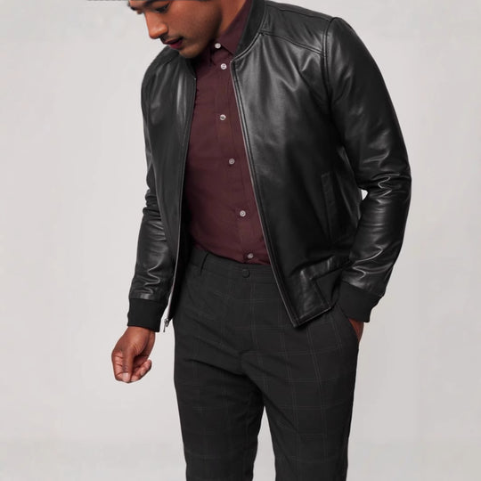 Herren Kunstleder Bomberjacke mit elastischen Bündchen R&B