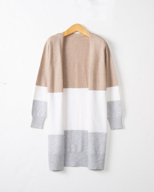 Damen lässige Strickjacke mit modernem Blockstreifenmuster und offenen Fronten R&B