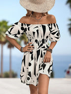 Damen Off-Shoulder Kleid mit elastischem Bund und grafischem Muster R&B
