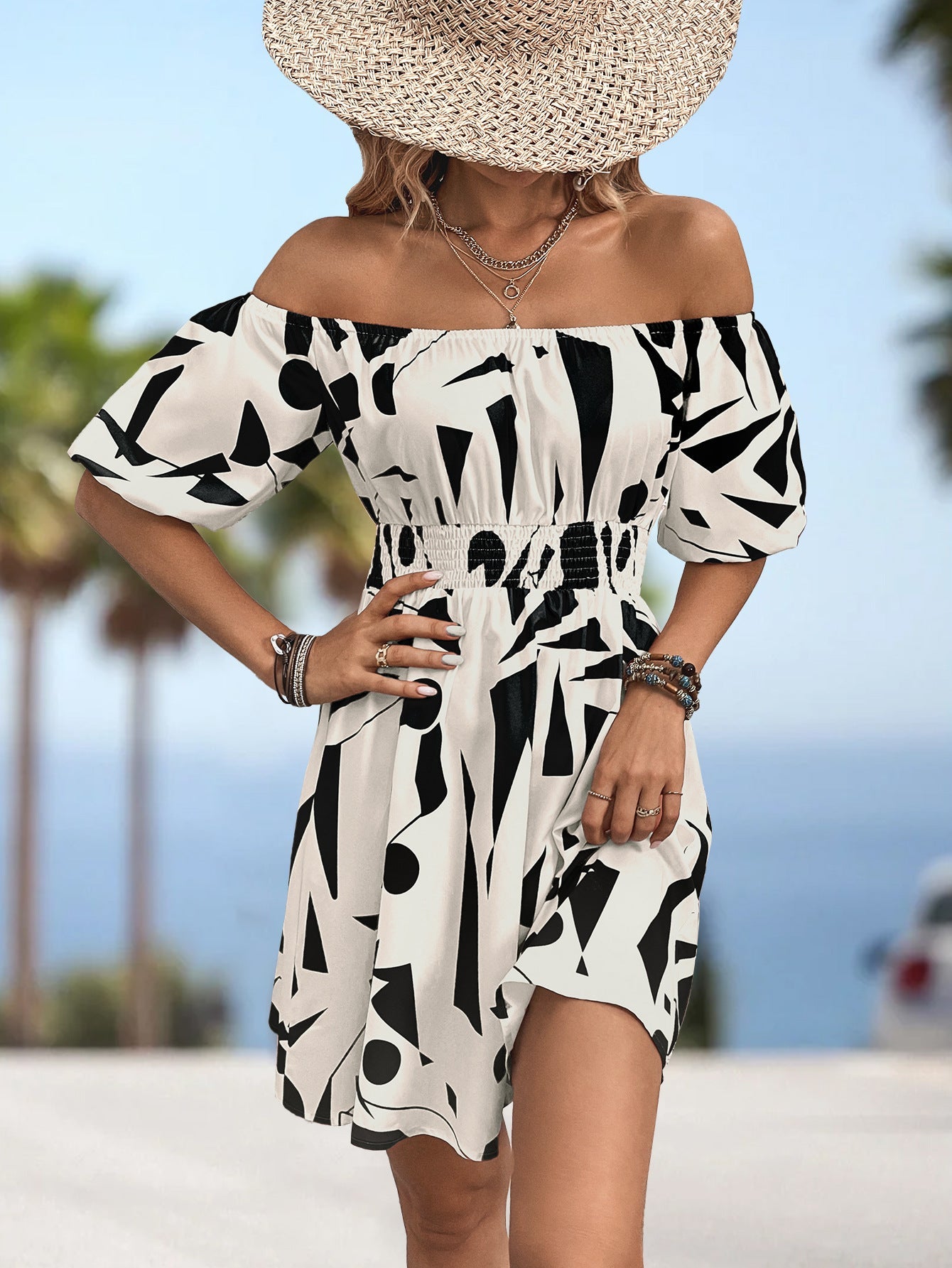 Damen Off-Shoulder Kleid mit elastischem Bund und grafischem Muster R&B