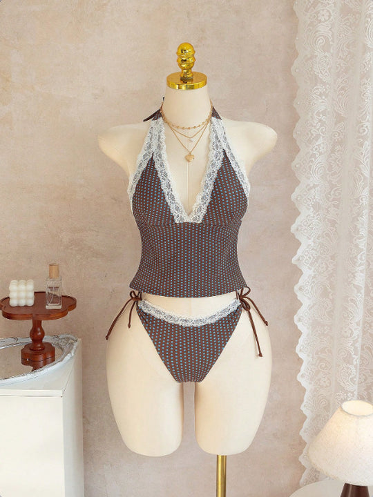 Damen Halter-Kini-Set mit Spitzenakzenten R&B