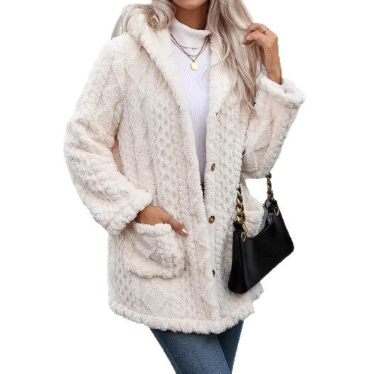 Damen angenehme und weiche Plüschjacke mit Kapuze und Taschen R&B
