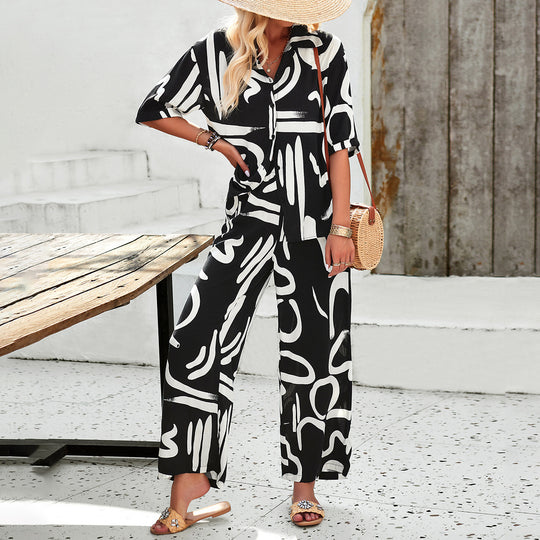Damen luftiges Zweiteiliges Ensemble mit floralem Muster und weiten Hosen R&B