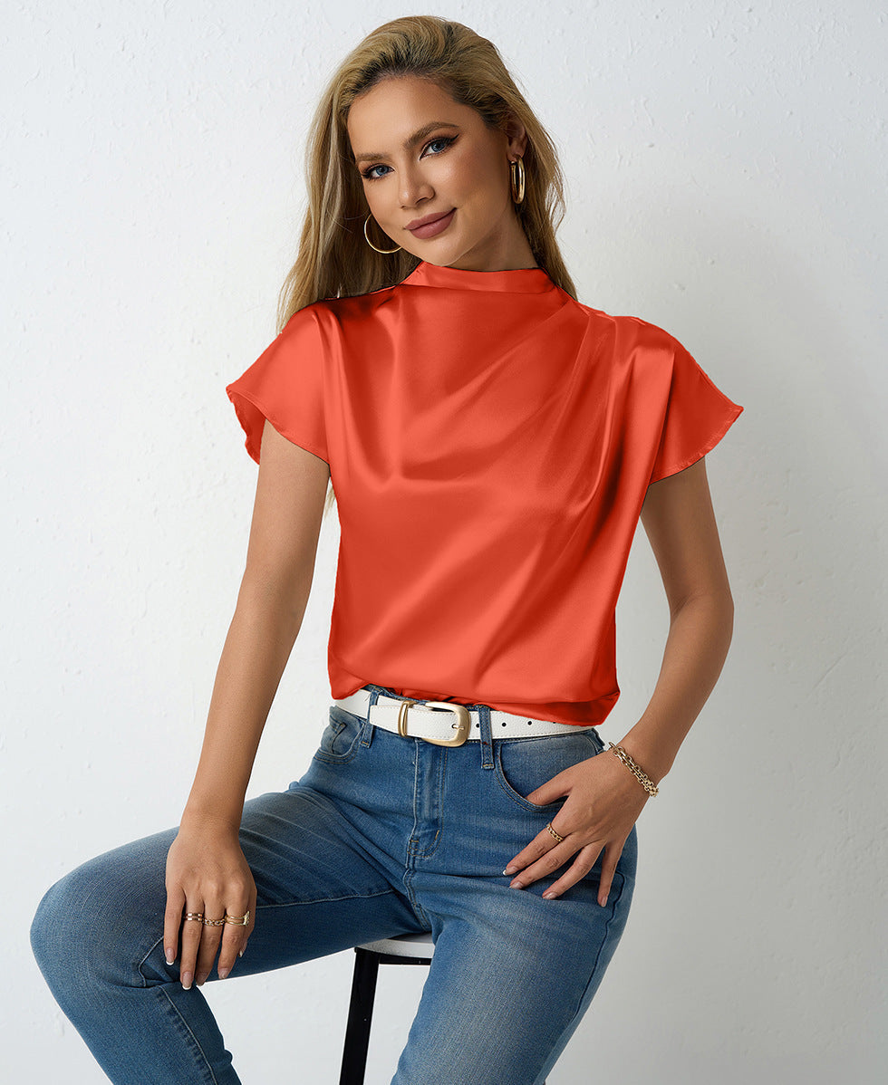 Damen elegante Satin Bluse mit Stehkragen R&B
