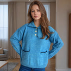 Damen Pullover mit kontrastierendem Kragen und dekorativen Knöpfen R&B